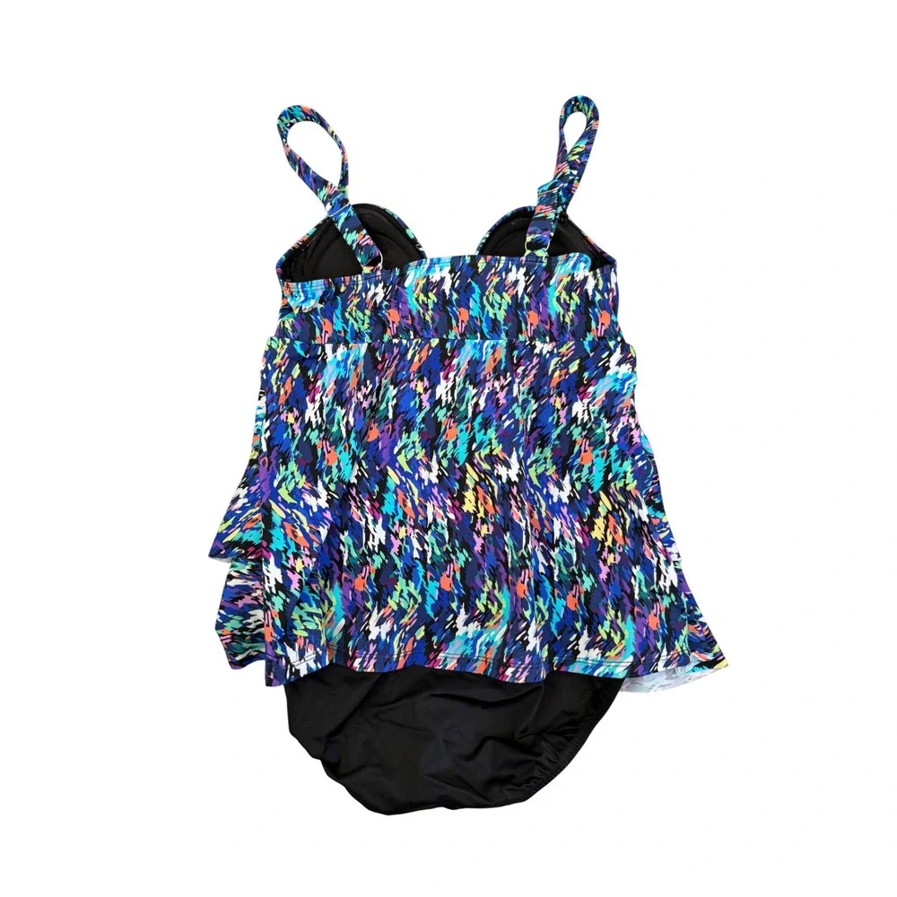 Swim Solutions Blue Abstract Tiered Ruffle One Piece Swimsuit Size 8 NEW - Picture 3 of 5